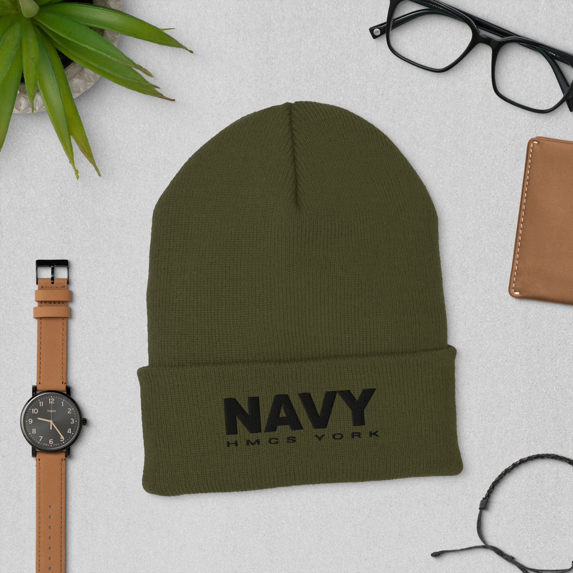 NAVY HMCS YORK Cuffed Beanie (Black Thread) - Olive