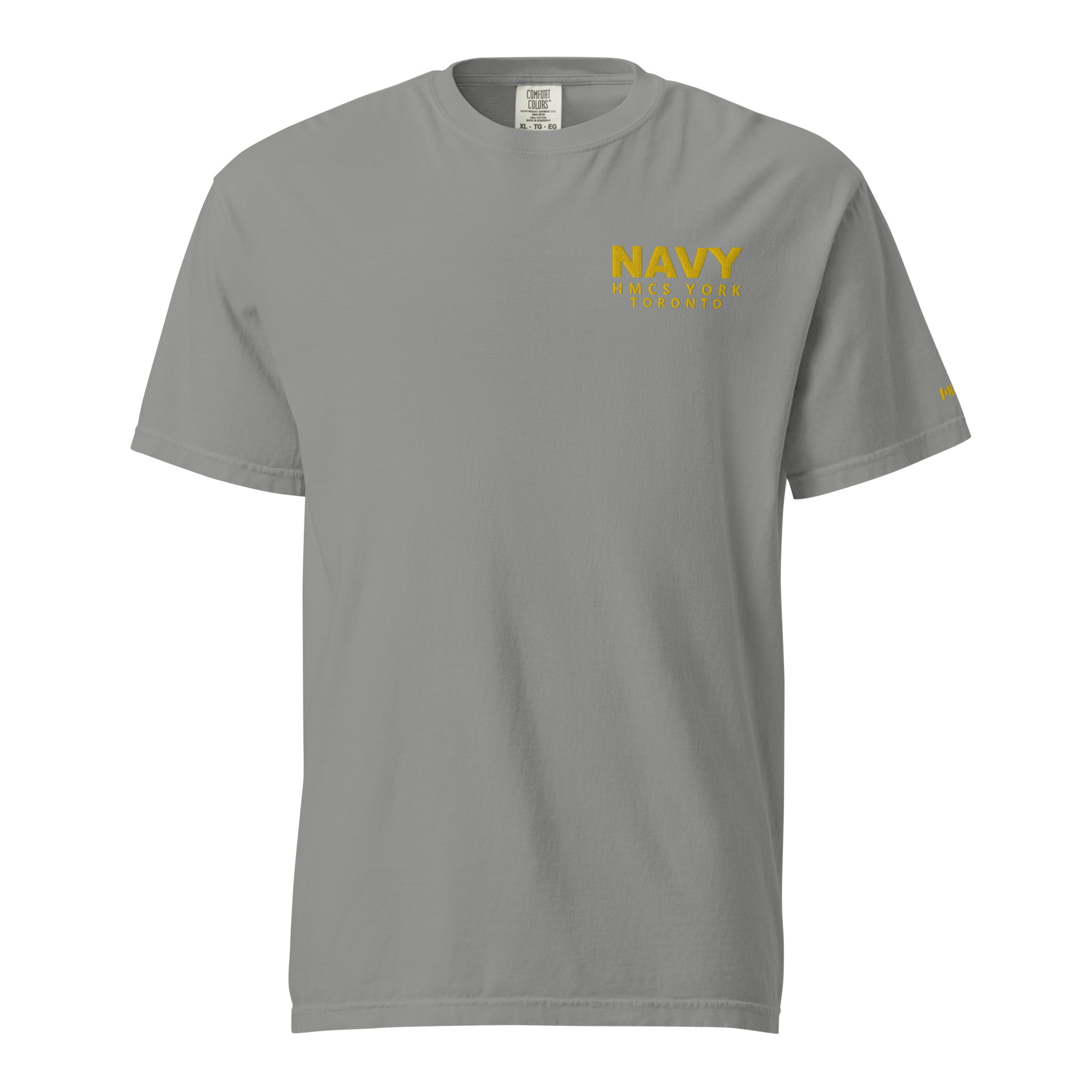 Embroidered HMCS YORK NAVY Unisex garment-dyed heavyweight t-shirt (Gold Thread) - Image 11
