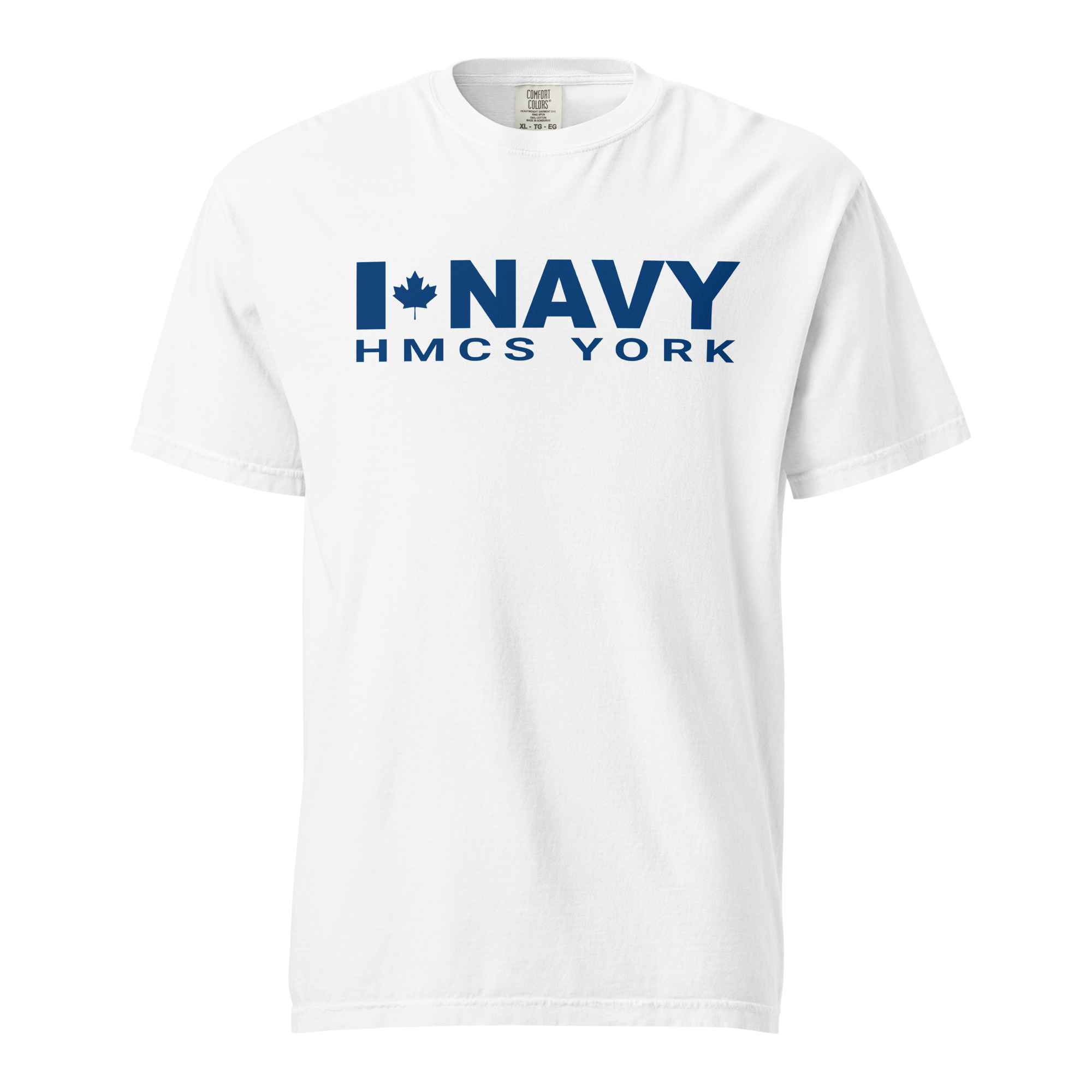 CDN NAVY HMCS YORK Unisex garment-dyed heavyweight t-shirt (Blue Text) - White, M