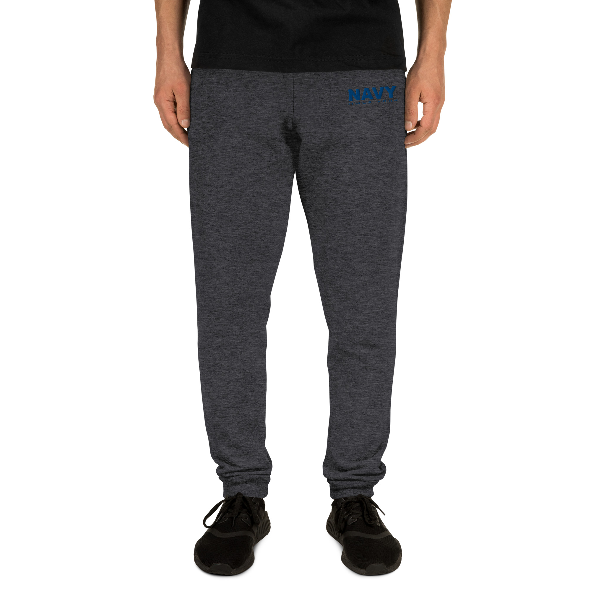 Embroidered NAVY HMCS YORK Unisex Joggers (Blue Thread) - Black Heather, L