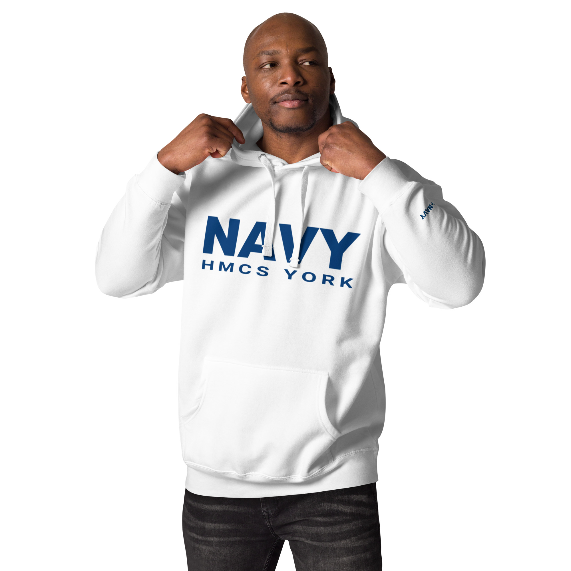 NAVY HMCS YORK Unisex Hoodie (Blue Font) - White, L