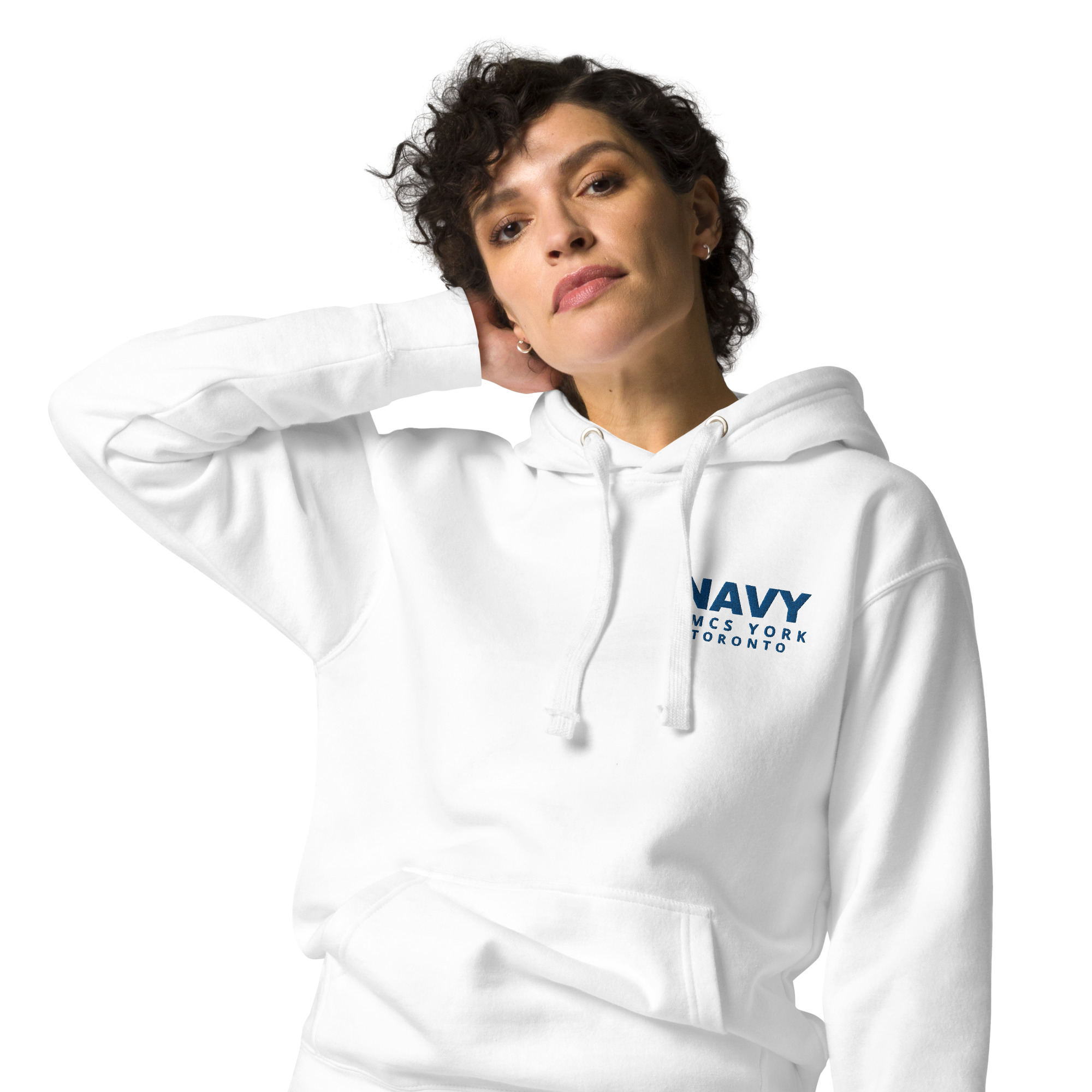 Embroidered HMCS YORK NAVY Unisex Hoodie (Blue Thread) - White, M