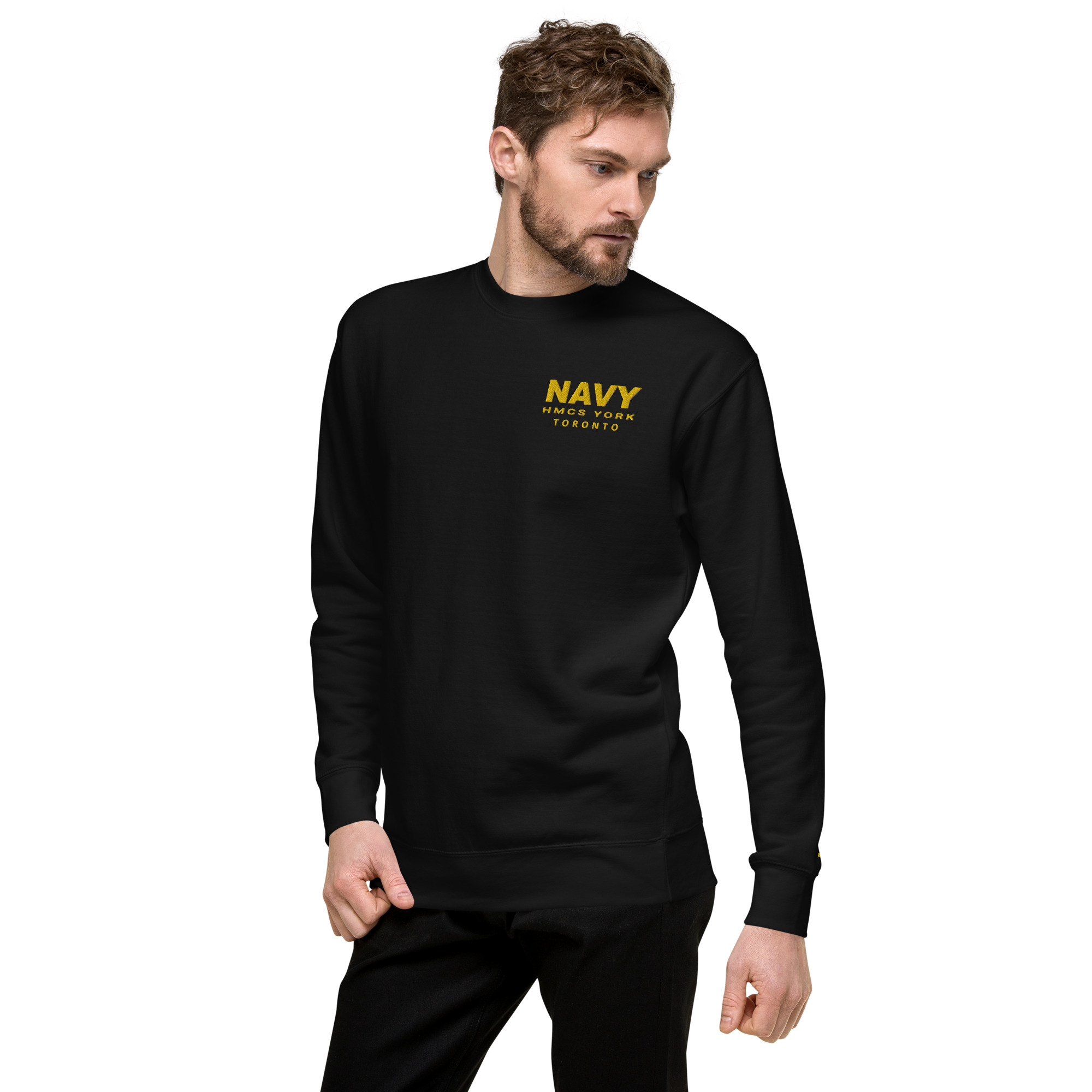 Embroidered NAVY HMCS YORK Unisex Premium Sweatshirt (Gold Thread) - Image 4