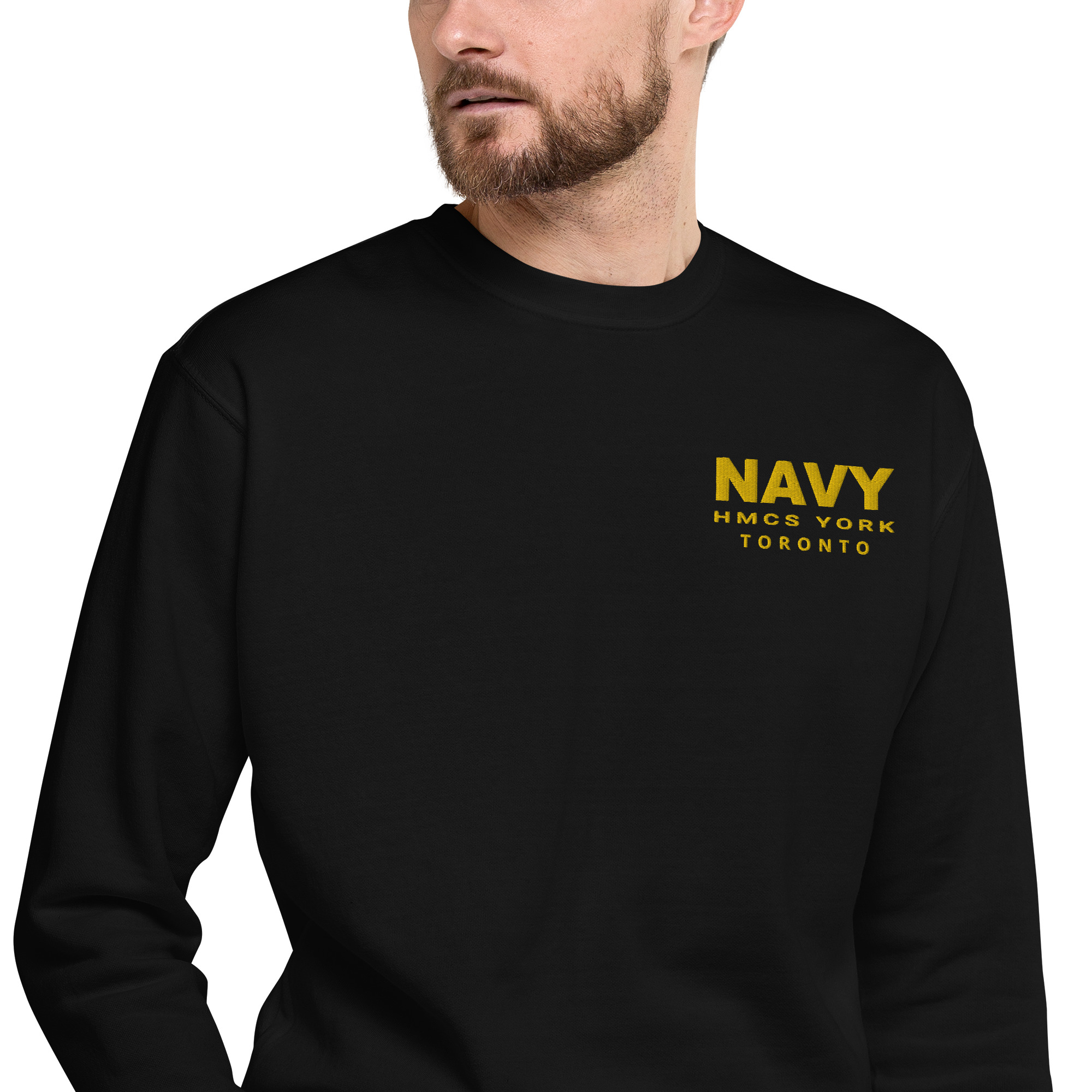 Embroidered NAVY HMCS YORK Unisex Premium Sweatshirt (Gold Thread) - Image 2