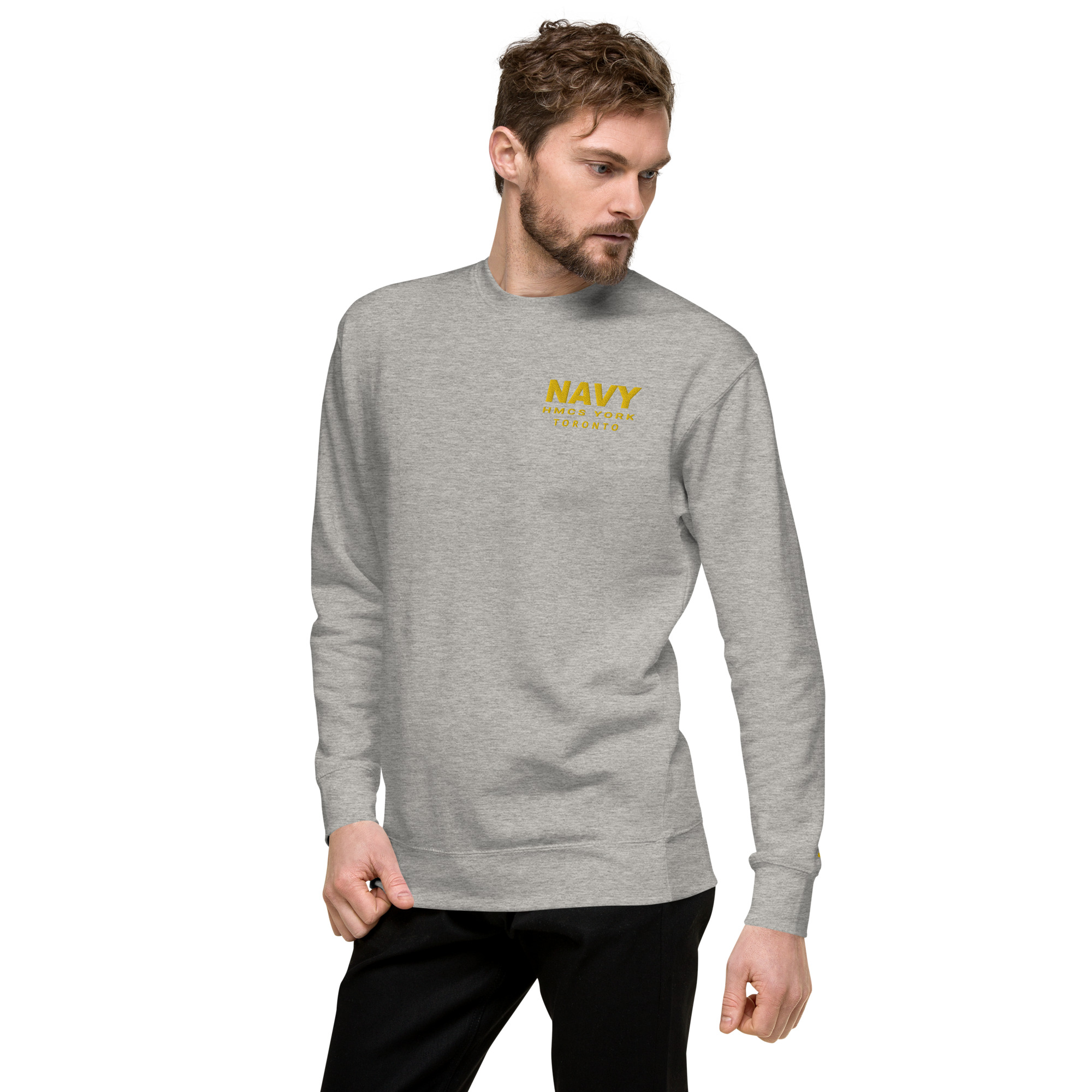 Embroidered NAVY HMCS YORK Unisex Premium Sweatshirt (Gold Thread) - Image 15