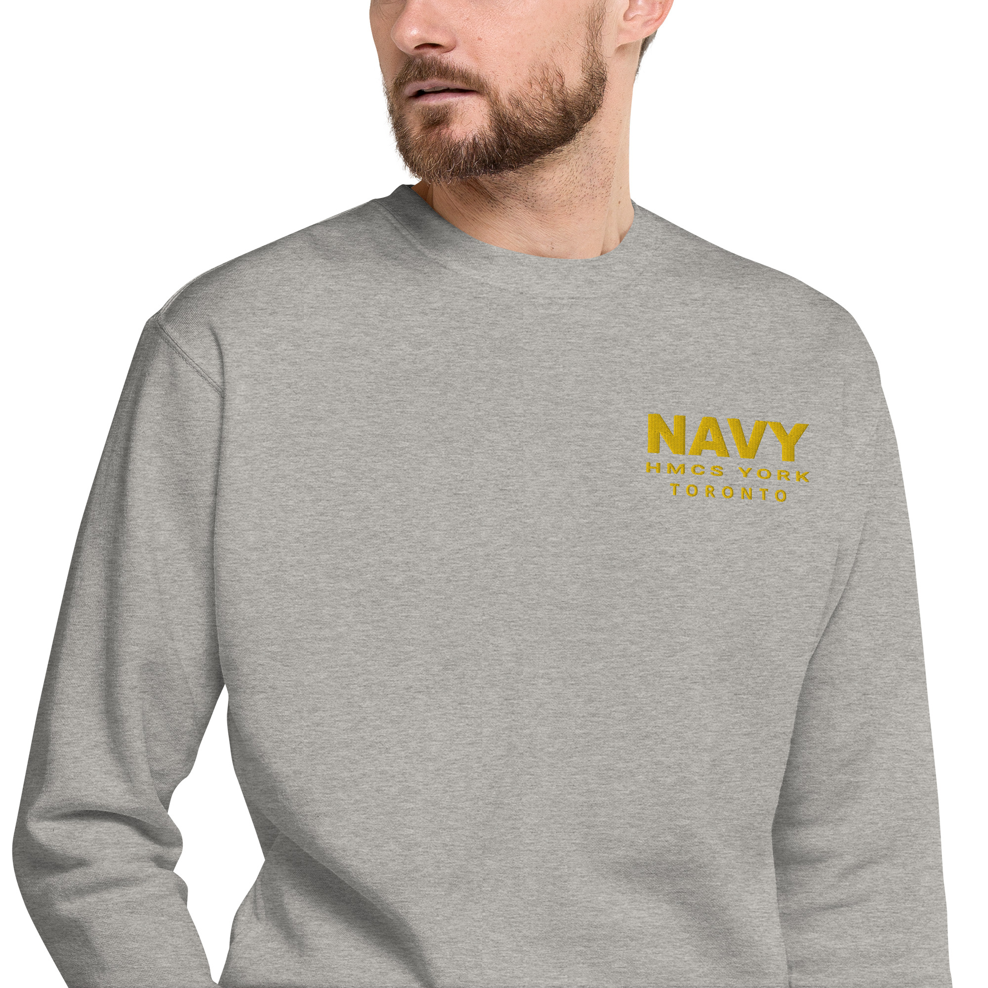 Embroidered NAVY HMCS YORK Unisex Premium Sweatshirt (Gold Thread) - Image 13