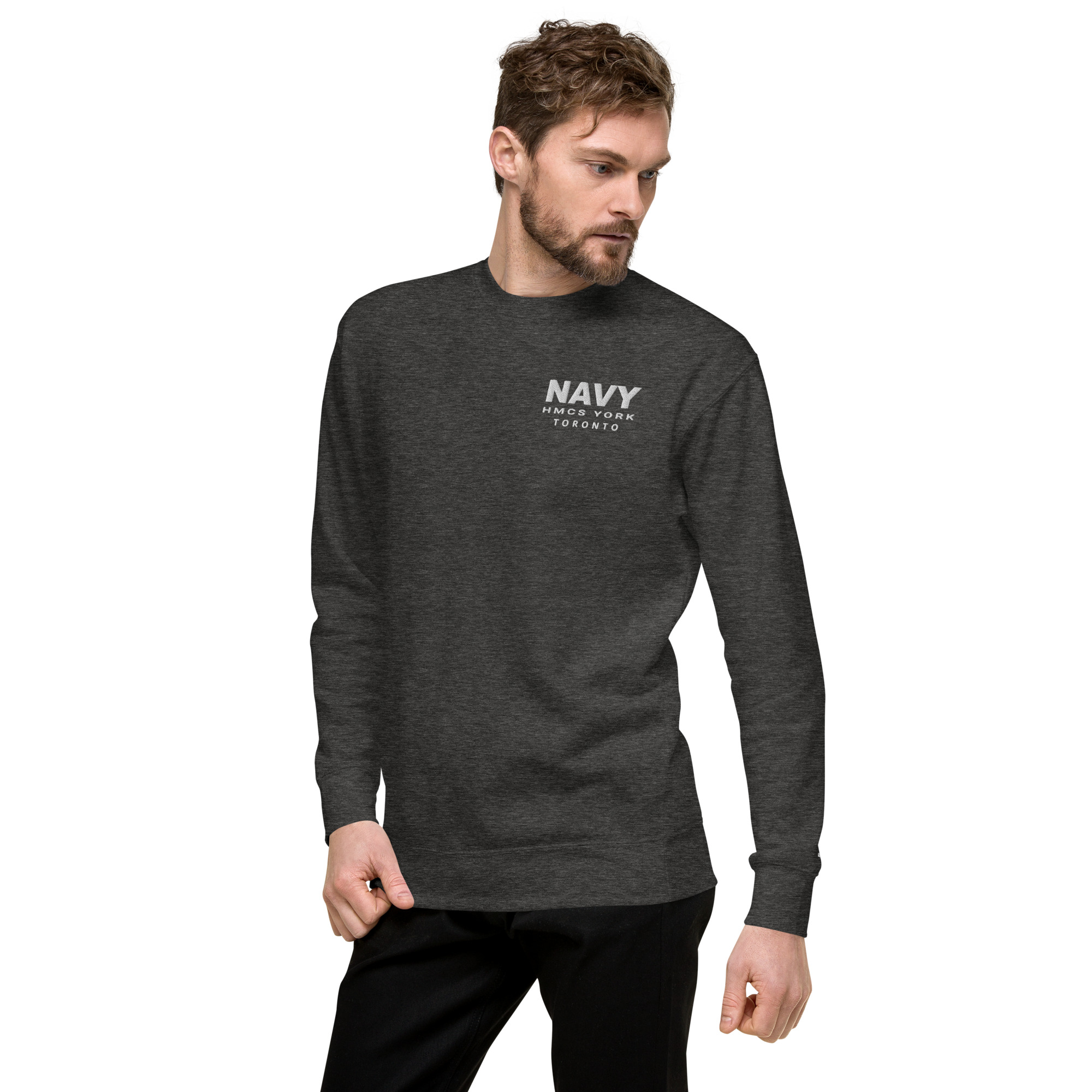 Embroidered NAVY HMCS YORK Unisex Premium Sweatshirt (White Thread) - Image 10