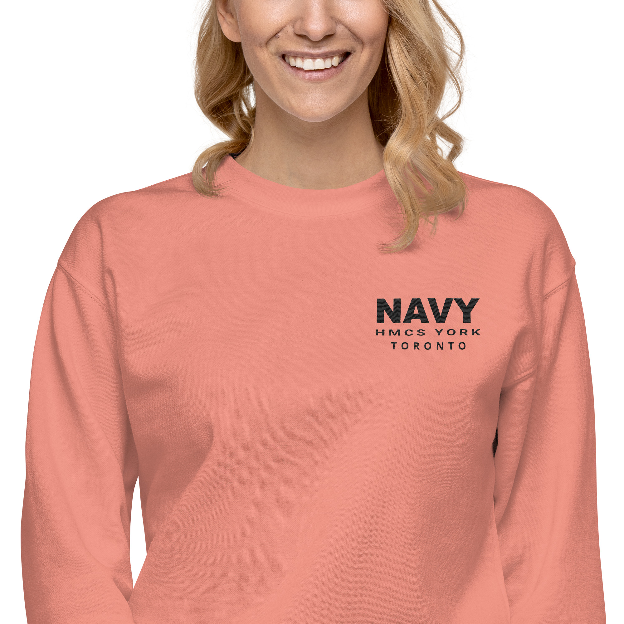 Embroidered HMCS YORK NAVY Unisex Premium Sweatshirt (Black Thread) - Dusty Rose, L