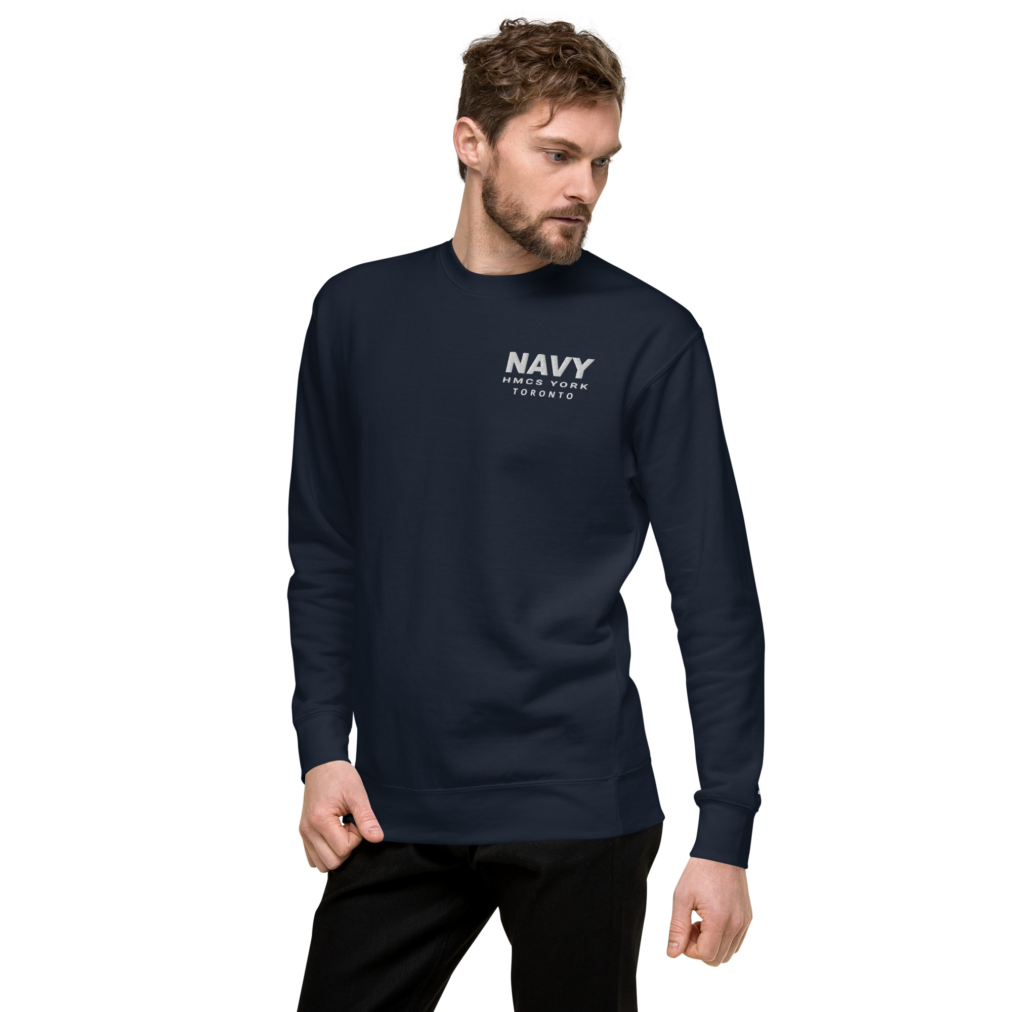 Embroidered NAVY HMCS YORK Unisex Premium Sweatshirt (White Thread) - Image 7