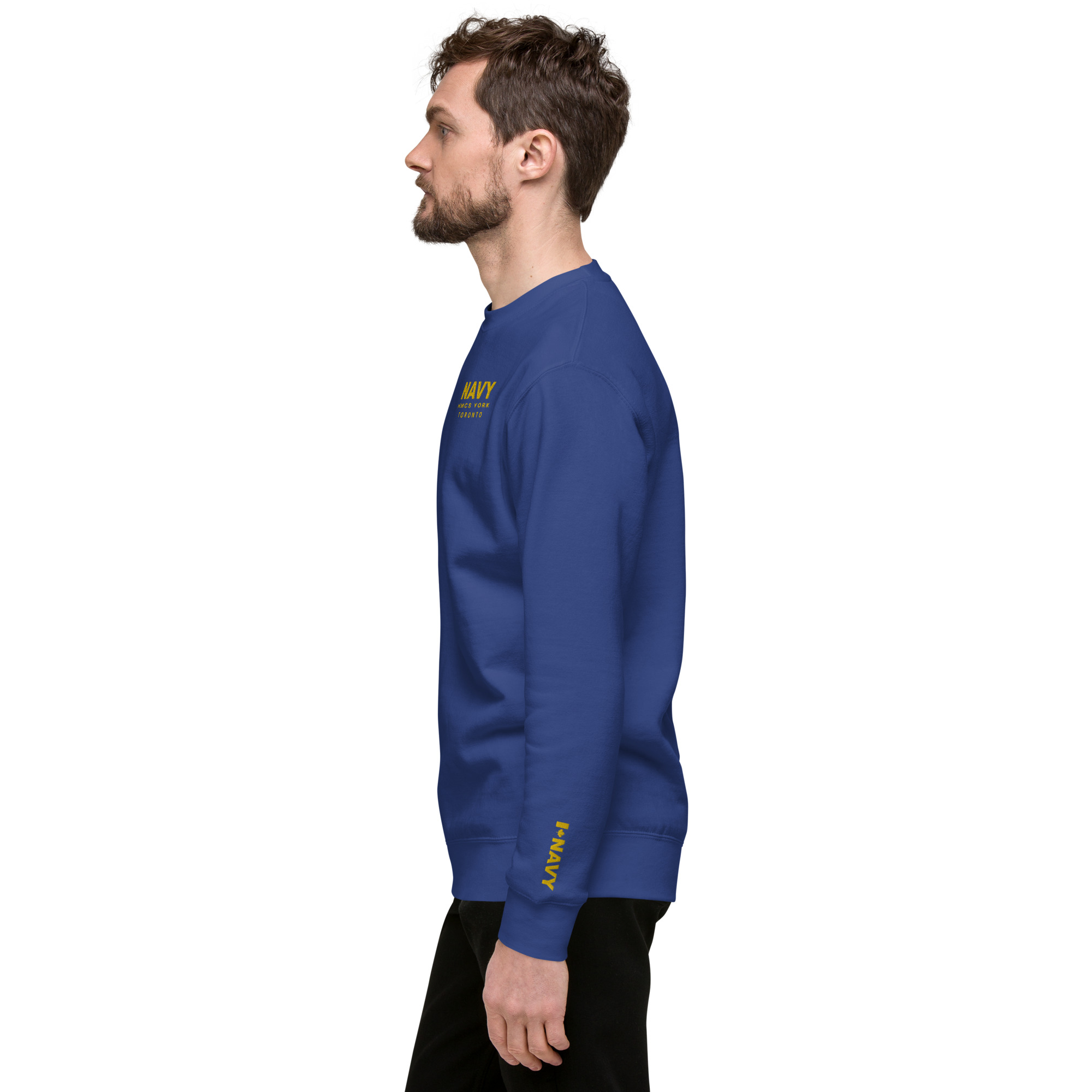 Embroidered NAVY HMCS YORK Unisex Premium Sweatshirt (Gold Thread) - Image 11