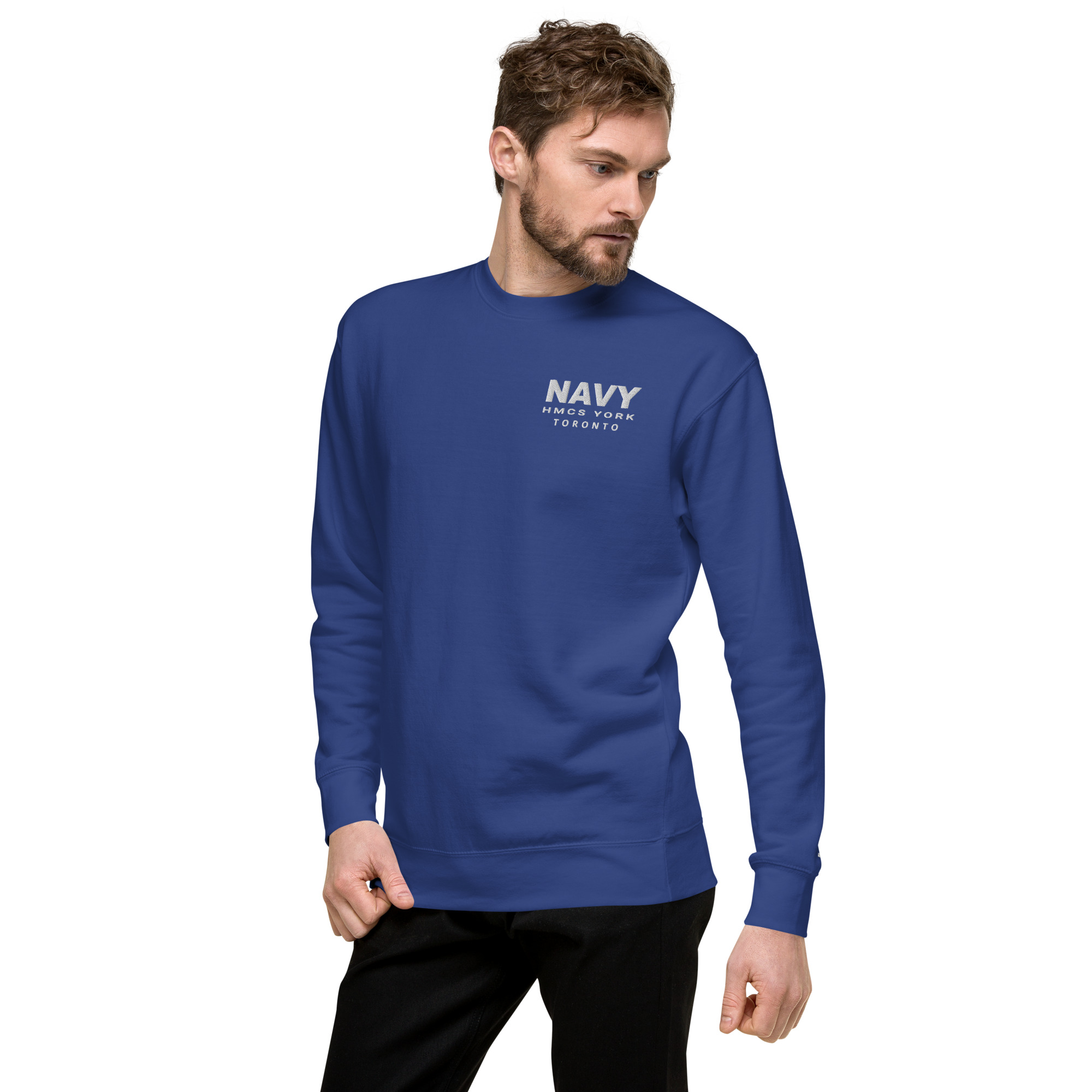Embroidered NAVY HMCS YORK Unisex Premium Sweatshirt (White Thread) - Image 12