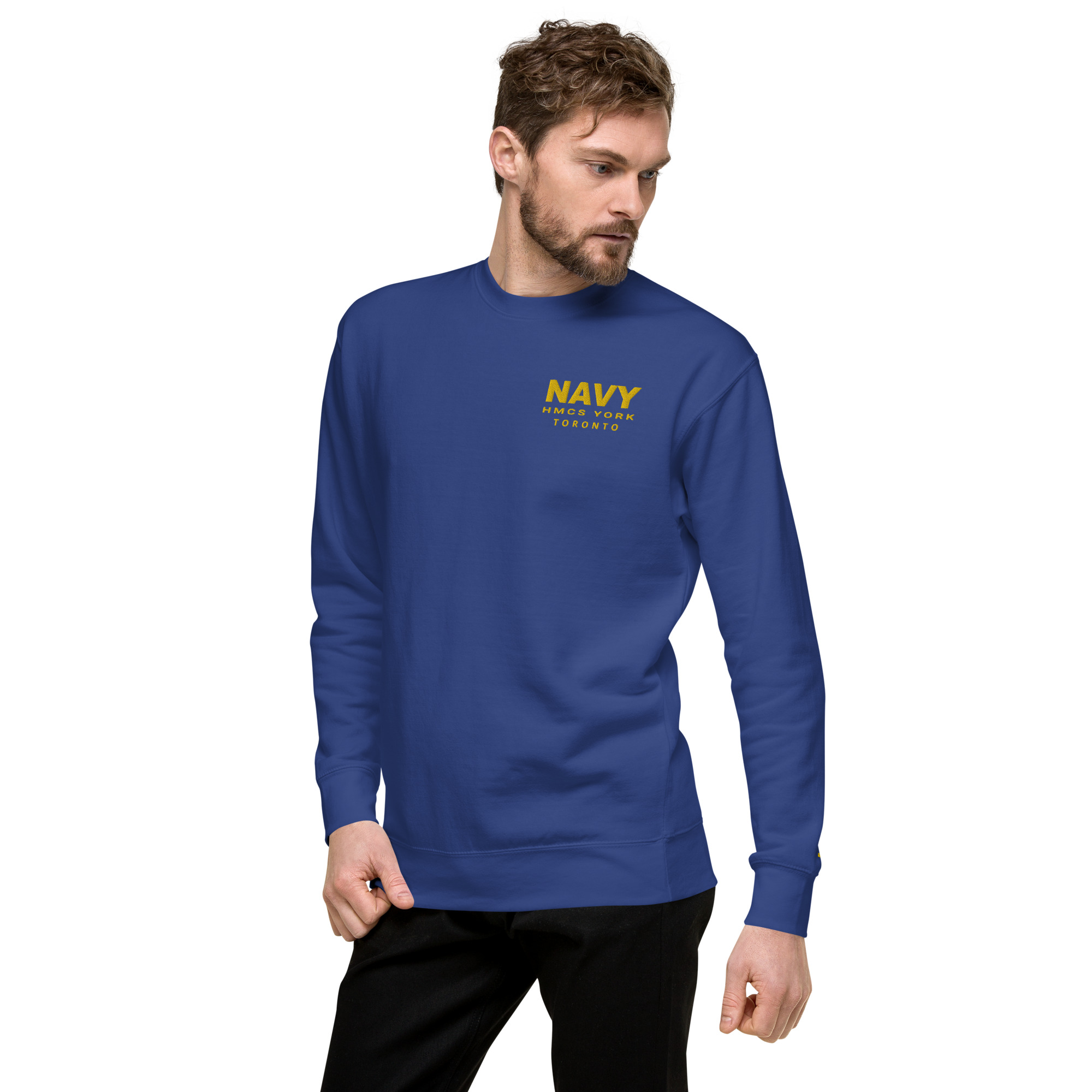 Embroidered NAVY HMCS YORK Unisex Premium Sweatshirt (Gold Thread) - Image 12