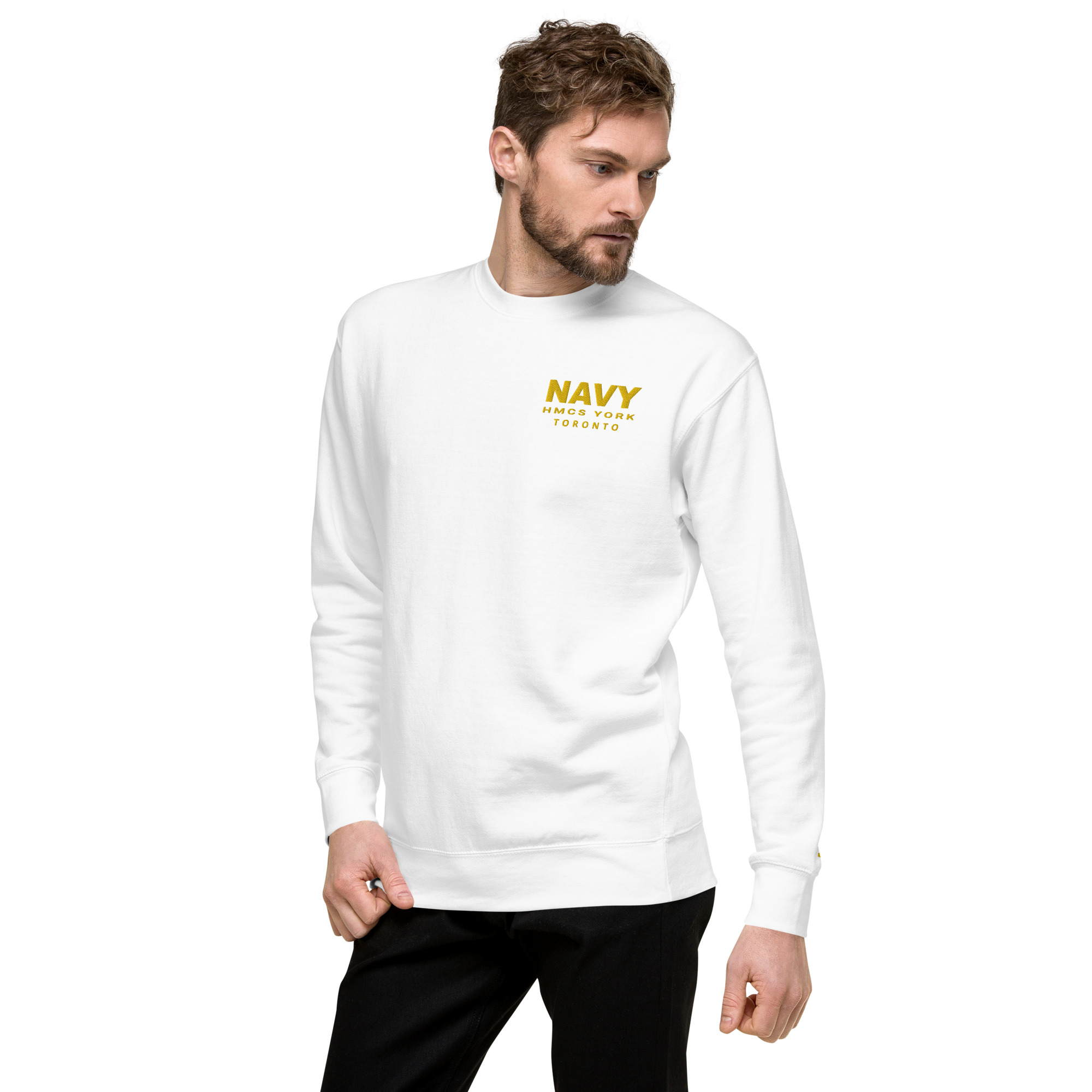 Embroidered NAVY HMCS YORK Unisex Premium Sweatshirt (Gold Thread) - Image 18