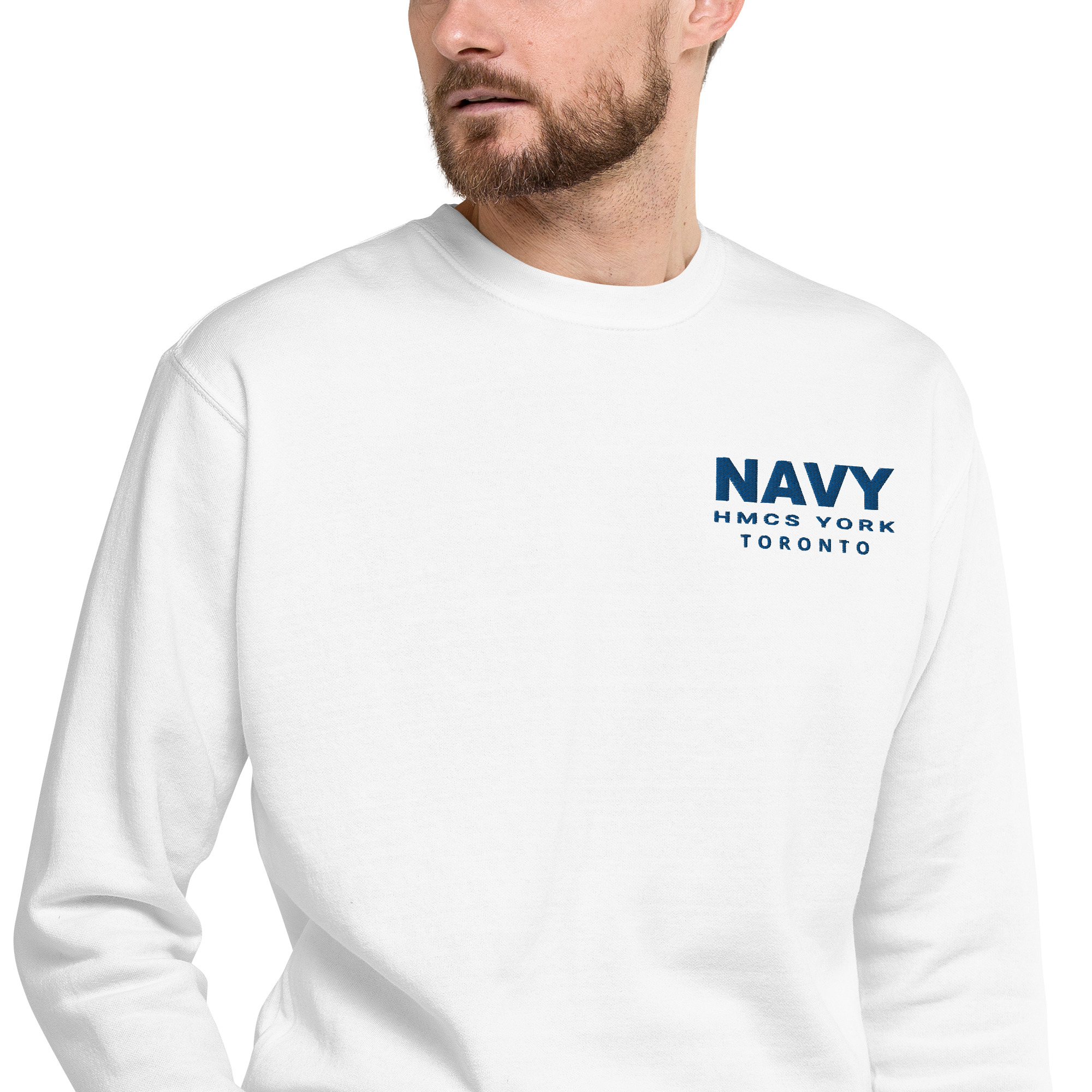 Embroidered NAVY HMCS YORK Unisex Premium Sweatshirt (Blue Thread)