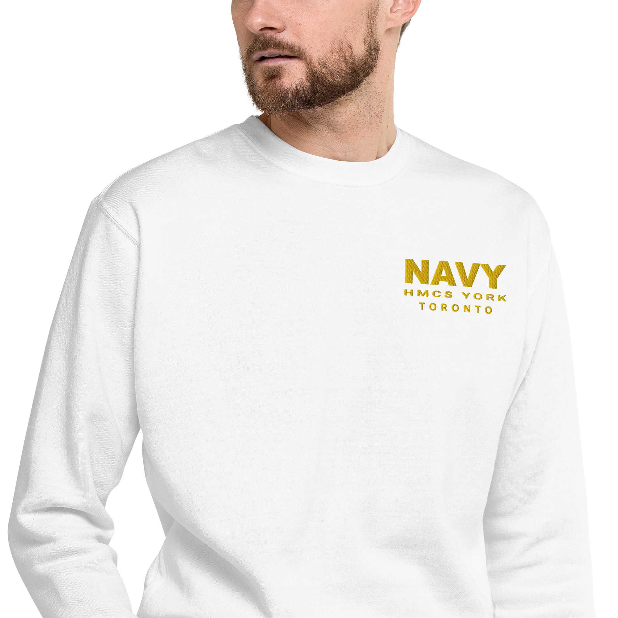 Embroidered NAVY HMCS YORK Unisex Premium Sweatshirt (Gold Thread) - Image 16