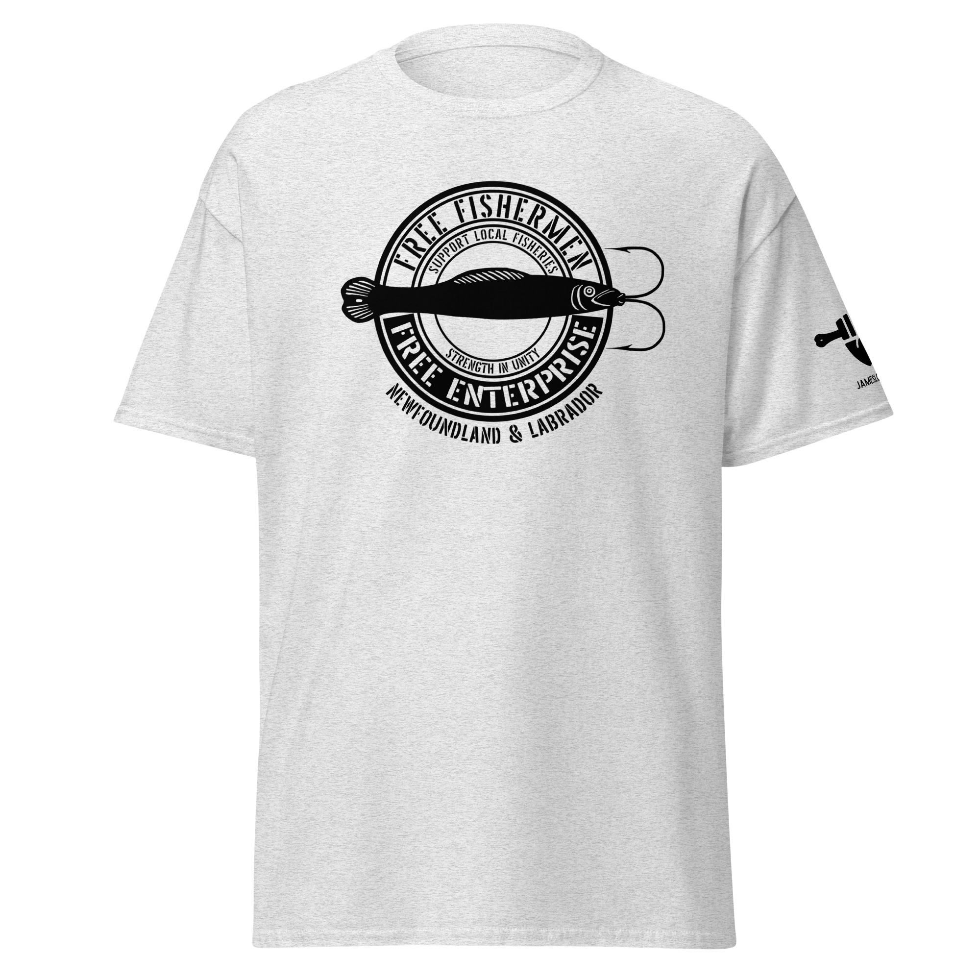 SUPPORT LOCAL FISHERIES: STRENGTH IN UNITY; FREE FISHERMEN FREE ENTERPRISE Newfoundland & Labrador (Black Logo) Unisex classic tee