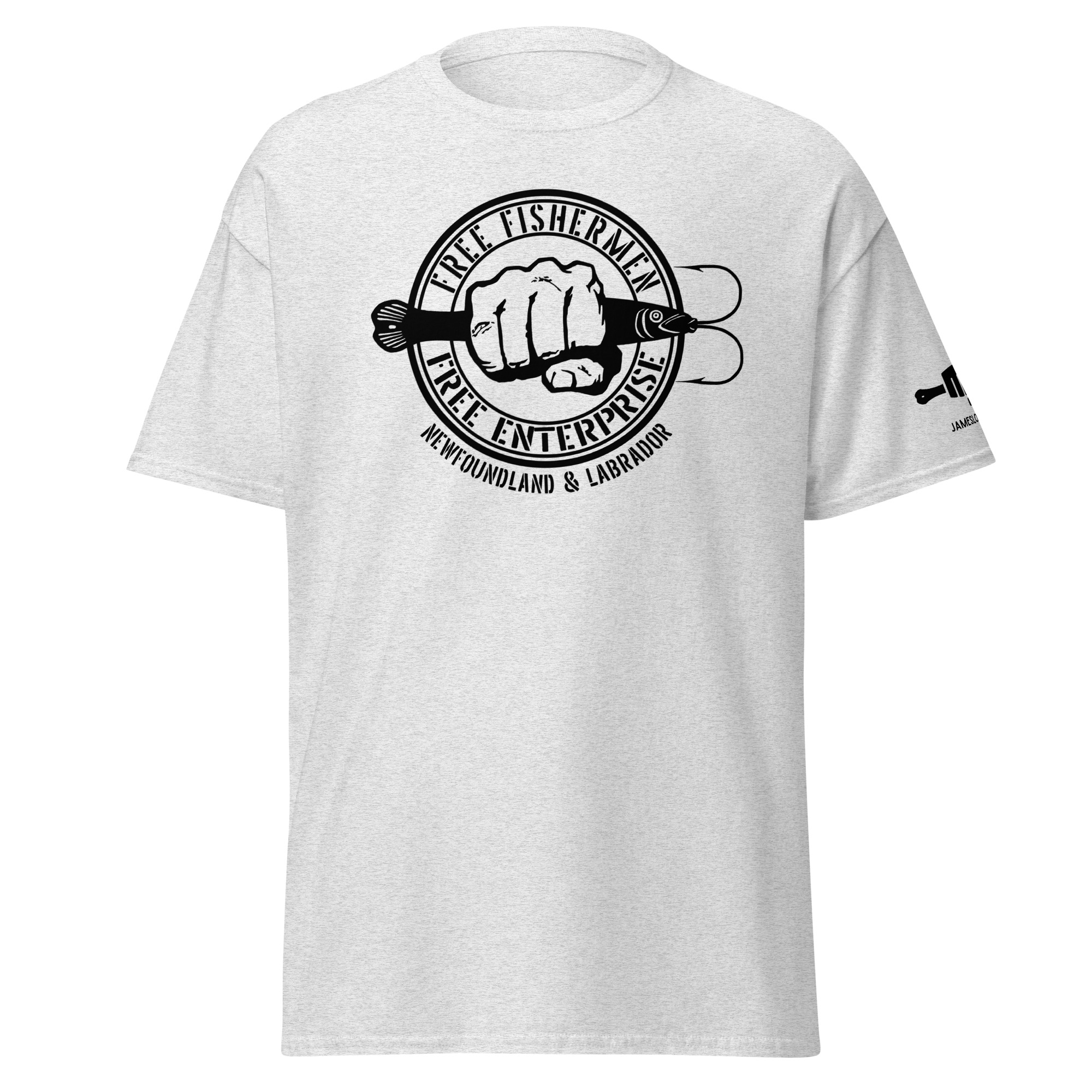 FIST PUNCH & JIGGER: FREE FISHERMEN FREE ENTERPRISE Newfoundland & Labrador (Black Logo) Unisex classic tee - Image 27