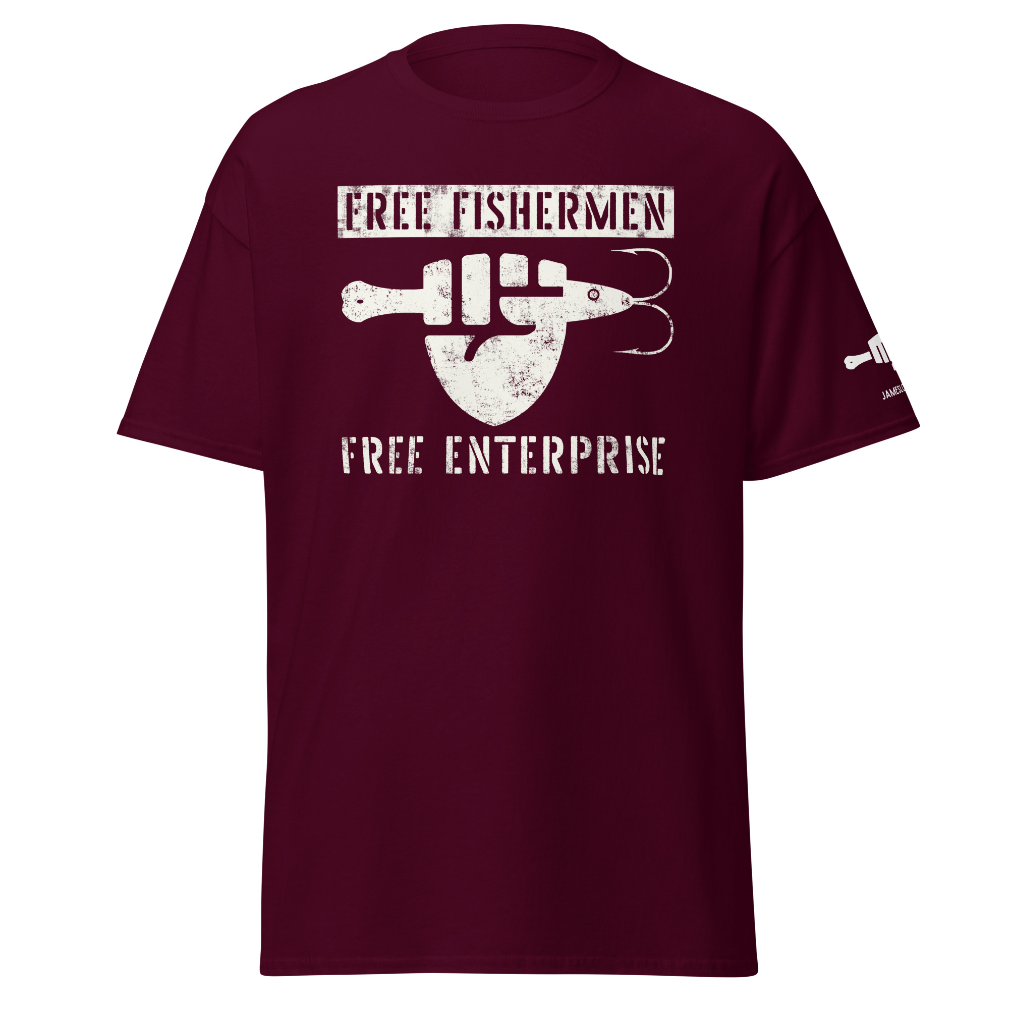 FIST & JIGGER: FREE FISHERMEN FREE ENTERPRISE (White Distressed Logo) Unisex classic tee