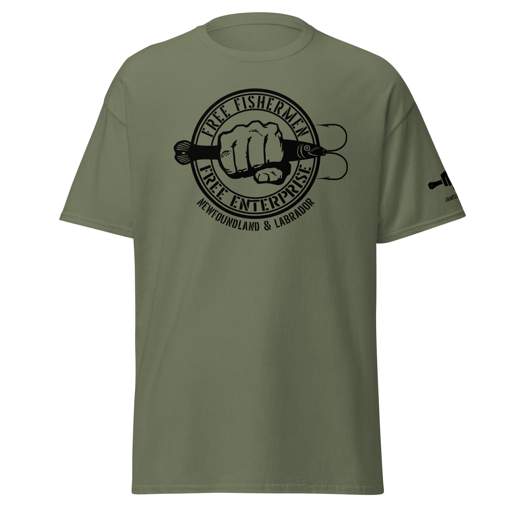 FIST PUNCH & JIGGER: FREE FISHERMEN FREE ENTERPRISE Newfoundland & Labrador (Black Logo) Unisex classic tee - Image 8