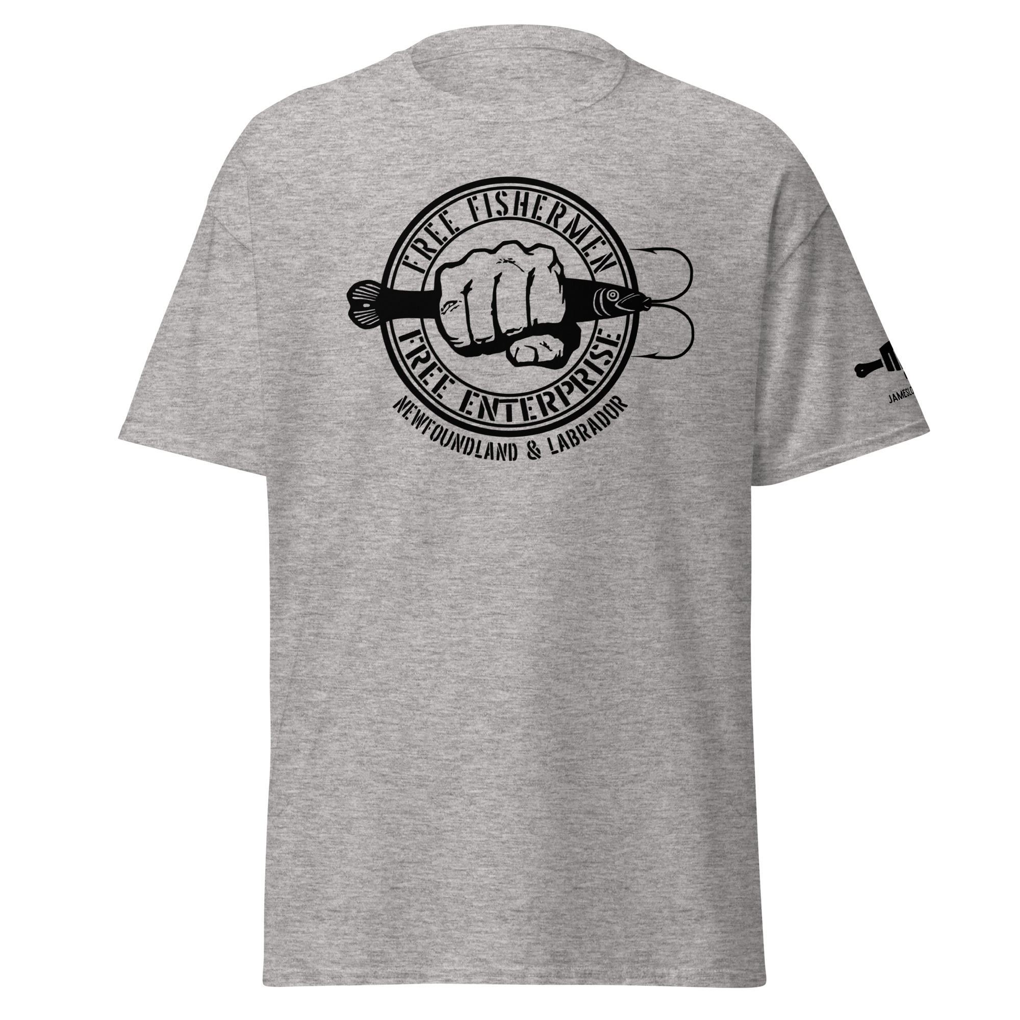 FIST PUNCH & JIGGER: FREE FISHERMEN FREE ENTERPRISE Newfoundland & Labrador (Black Logo) Unisex classic tee - Image 20