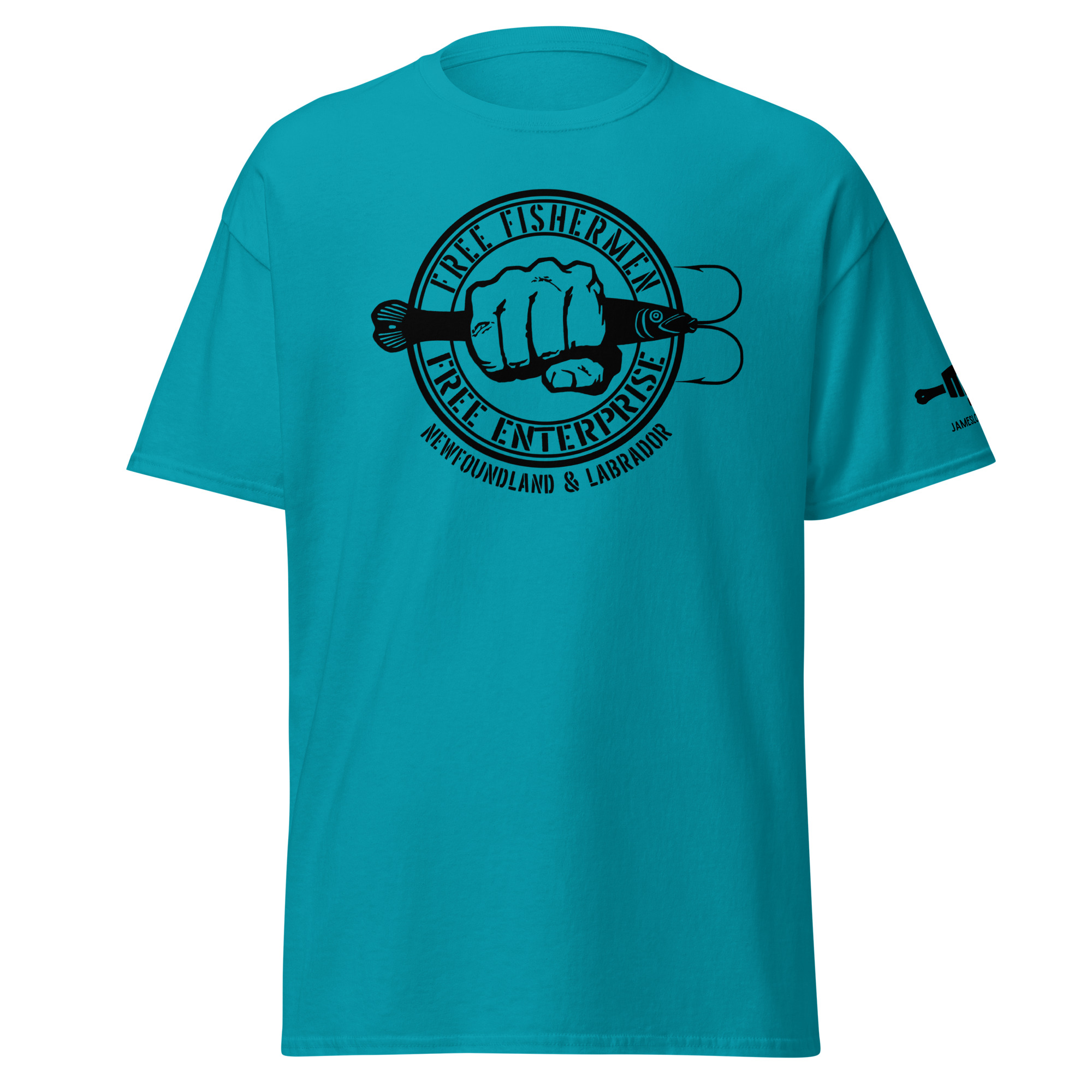 FIST PUNCH & JIGGER: FREE FISHERMEN FREE ENTERPRISE Newfoundland & Labrador (Black Logo) Unisex classic tee - Image 12
