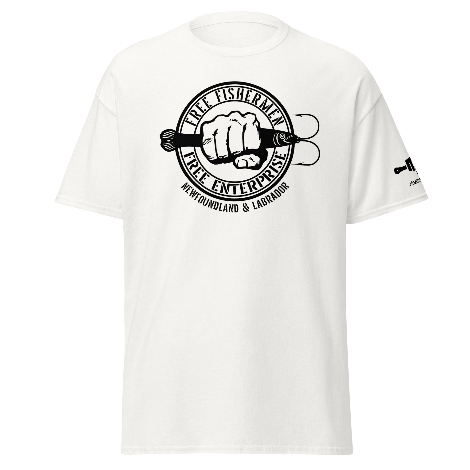 FIST PUNCH & JIGGER: FREE FISHERMEN FREE ENTERPRISE Newfoundland & Labrador (Black Logo) Unisex classic tee - Image 29